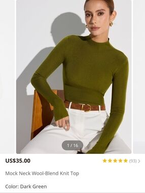 Commense Dark Green Mock Neck Wool-Blend Knit Top